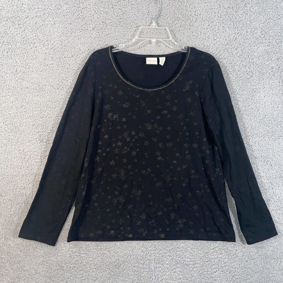 Chico's Zenergy Top Womens 2 Black Star All Over Scoop Neck Long Sleeve Casual - Picture 1 of 12